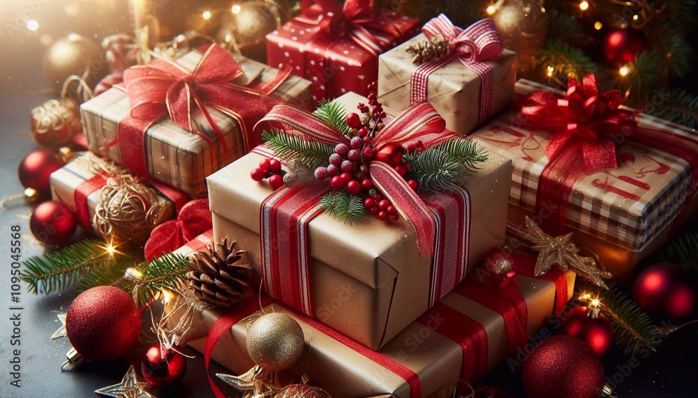 Beautifully wrapped gifts, decorated with red ribbons and festive decorations, festive celebrations and creating a joyful atmosphere. Beautifully wrapped gifts, decorated with red ribbons and festive decorations, festive celebrations and creating a joyful atmosphere.