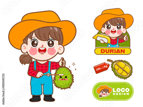 Cute farmer or vendor with Durian logo cartoon design. Hand drawn vector illustration premium.