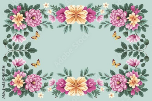 Floral frame, butterflies. Elegant floral border design; pastel blossoms and butterflies.  Symbolizes beauty, nature's grace.