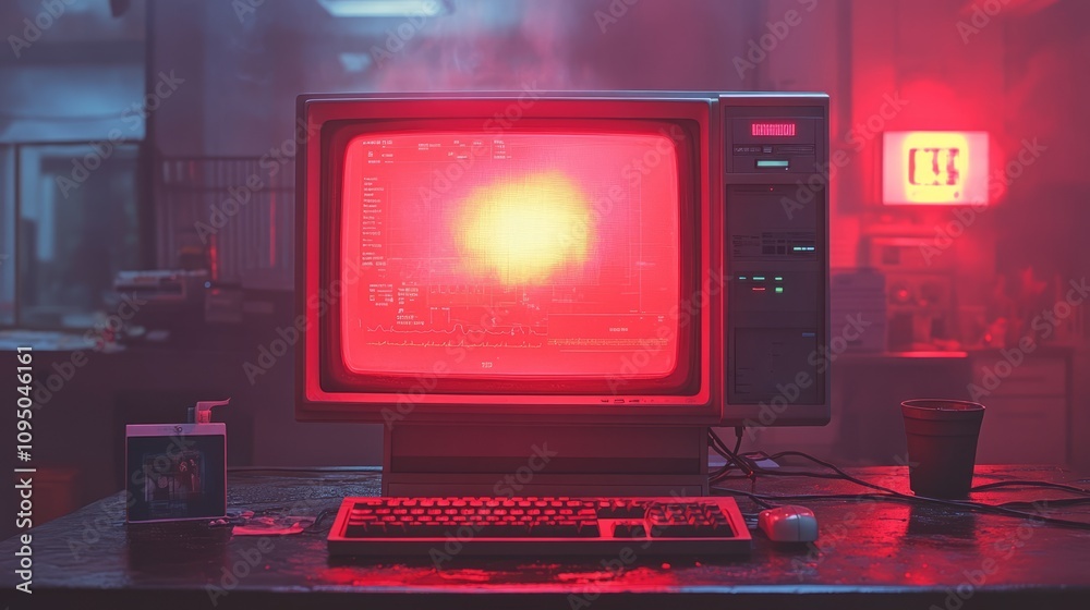 Flickering screens reveal vibrant red light in a dim tech lab, sparking memories of vintage computing while shadows dance across the cluttered workspace Flickering screens reveal vibrant red light in a dim tech lab, sparking memories of vintage computing while shadows dance across the cluttered workspace