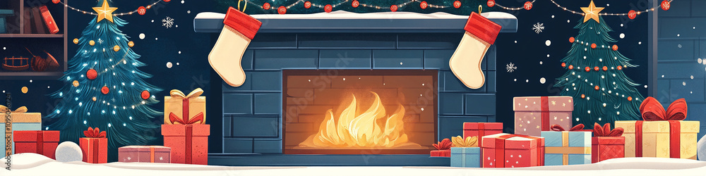 Fototapeta premium Stockings over a burning fireplace banner christmas decorations header xmas ornaments and pine trees wrapped gift boxes new year presents fir garlands