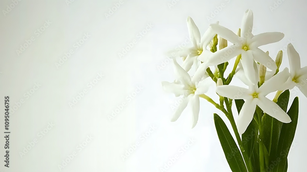 Fototapeta premium Delicate White Flowers on Green Stems Against White Background