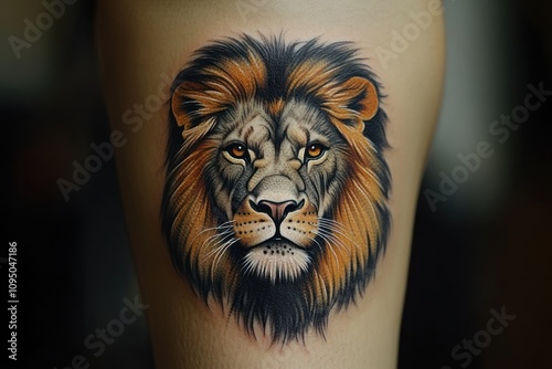 A Realistic Lion Head Tattoo on a Persons Leg photo