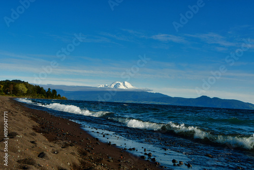 calbuco Vulcano patagonia chile from beach of lake Llanquihue photo