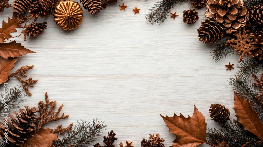 Autumnal frame with pine cones, leaves, and metallic accents on a white wooden background. Perfect for seasonal designs or greeting cards. Autumnal frame with pine cones, leaves, and metallic accents on a white wooden background. Perfect for seasonal designs or greeting cards.