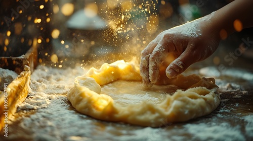 A close-up of fingers crimping the edge of a dumpling with precision, the dough glowing softly under natural light, with a scattering of flour creating a textured, rustic scene. --ar 16:9 photo