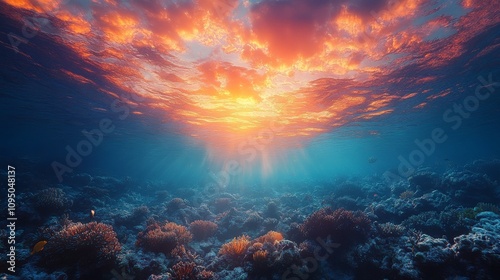 underwater and sunset separated by the water line at sunset