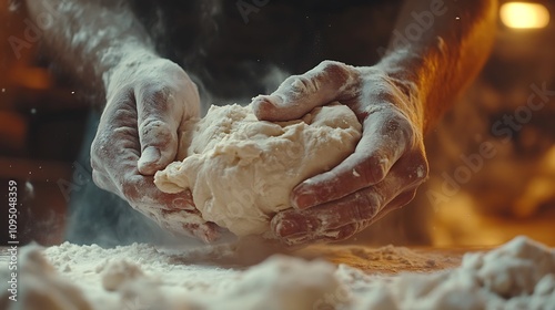 A close-up of flour-dusted fingers kneading a pliable ball of dough, the soft dough folding under the pressure of the hands, with warm lighting creating a nostalgic baking aesthetic. --ar 16:9