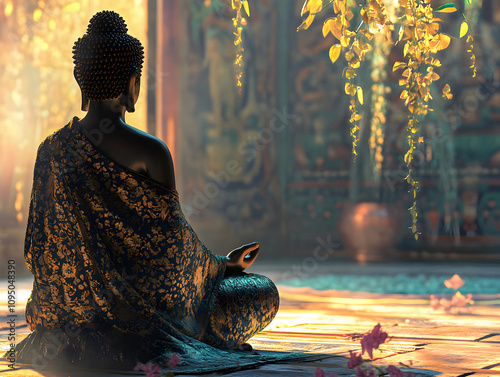 Serene Buddha statue bathed in golden sunset light, a masterpiece of Thai art amidst nature's tranquility photo