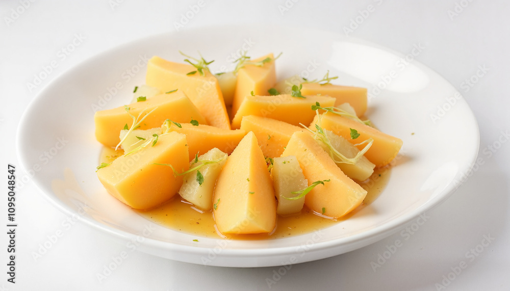 Stewed Turnip and Potato Chunks with Gravy, Garnished with Green Sprouts on a White Plate Stewed Turnip and Potato Chunks with Gravy, Garnished with Green Sprouts on a White Plate