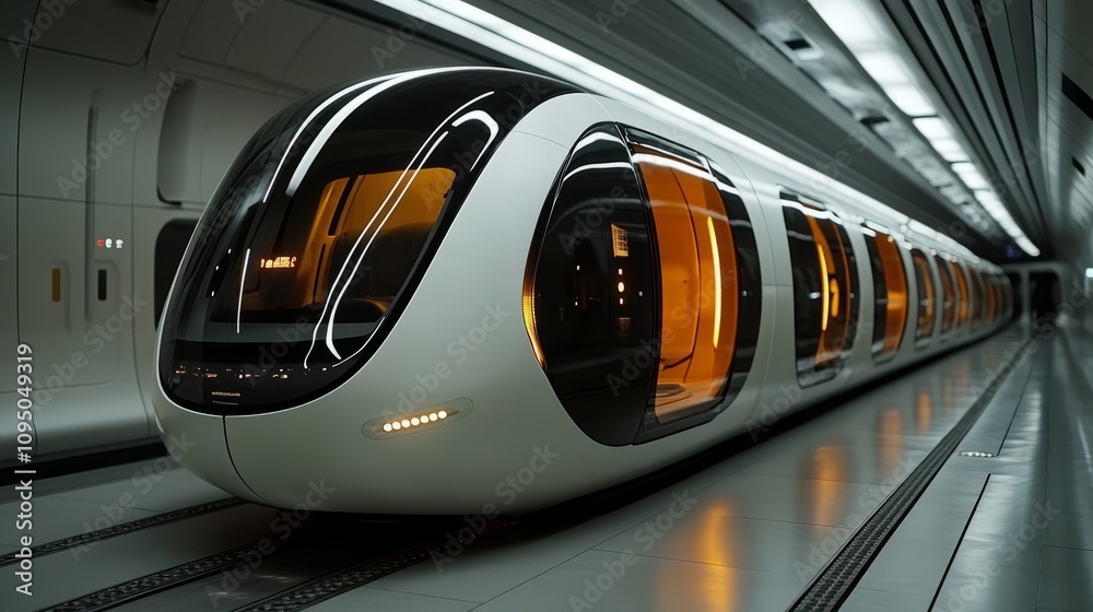 Fototapeta premium A sleek, futuristic transport vehicle awaits passengers in a modern underground station, illuminated by soft orange lights that enhance the atmosphere