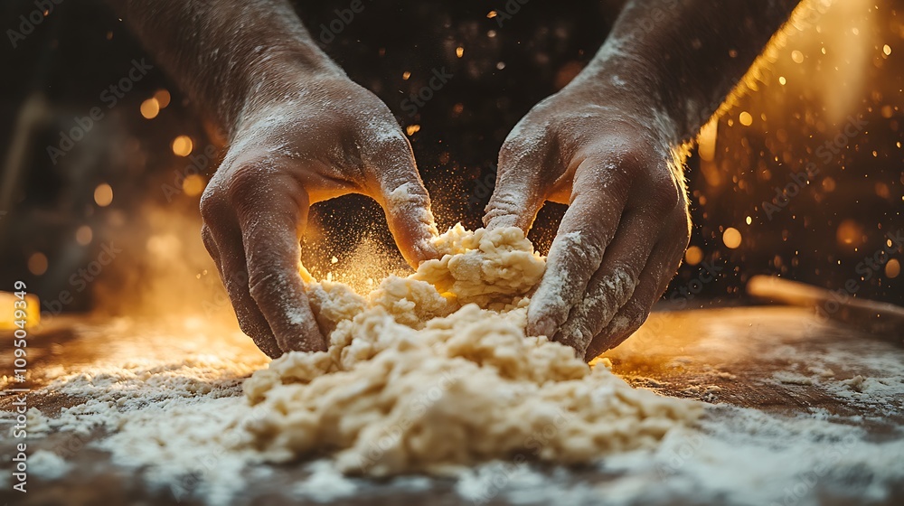 A close-up of hands kneading dough on a flour-dusted wooden surface, the fingers pressing firmly into the soft, pliable dough, illuminated by warm, natural lighting for a rustic and cozy feel. A close-up of hands kneading dough on a flour-dusted wooden surface, the fingers pressing firmly into the soft, pliable dough, illuminated by warm, natural lighting for a rustic and cozy feel.