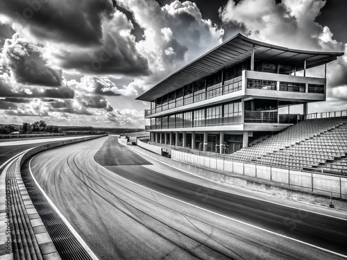 Minimalist Photography of the Le Mans Race Circuit Featuring Clean Lines, Open Spaces, and Subtle Textures in a Captivating Monochrome Palette for Automotive Enthusiasts