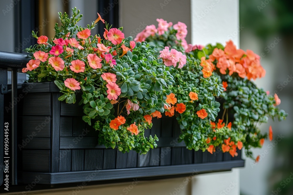 Vibrant Orange Pink Flowers in Modern Window Box Planter Vibrant Orange Pink Flowers in Modern Window Box Planter