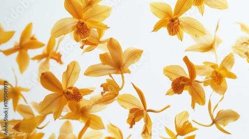 Elegant Yellow Orchids Floating Against a White Background