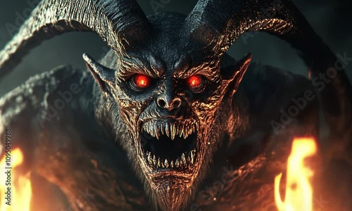 Malevolent demonic creature with glowing red eyes and large horns amidst flames.