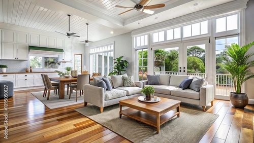 Minimalist Queenslander Home Interior with Natural Light and Open Spaces Featuring Timber Floors and Subtle Decor for Tranquil Living Environment