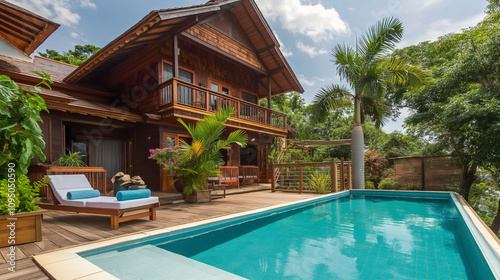 Exotic summer villa with a pool, palm trees, and stunning sea view under a blue sky