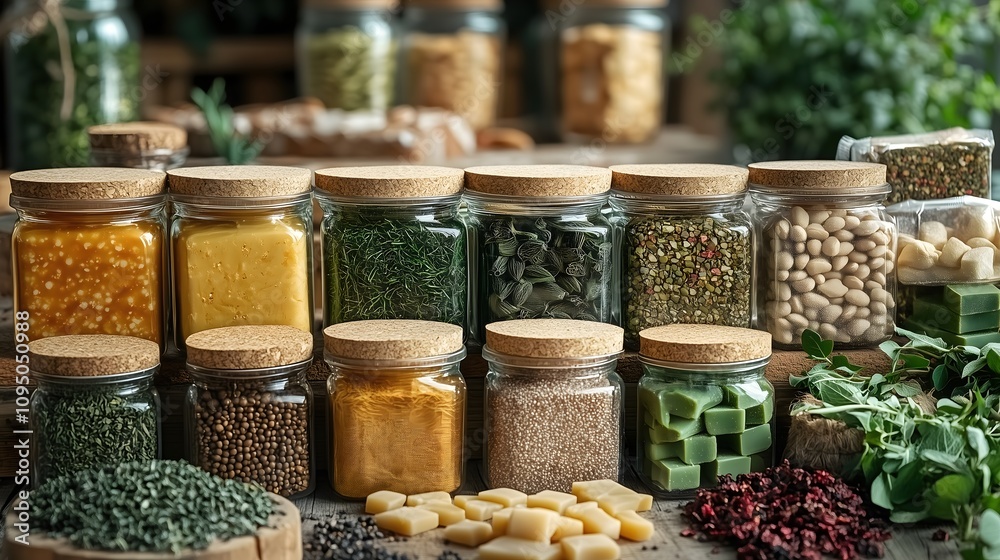Aromatic Pantry: A vibrant collection of dried herbs, spices, and legumes in glass jars, arranged on a rustic wooden table. The scene evokes a sense of culinary creativity and wholesome ingredients. Aromatic Pantry: A vibrant collection of dried herbs, spices, and legumes in glass jars, arranged on a rustic wooden table. The scene evokes a sense of culinary creativity and wholesome ingredients.
