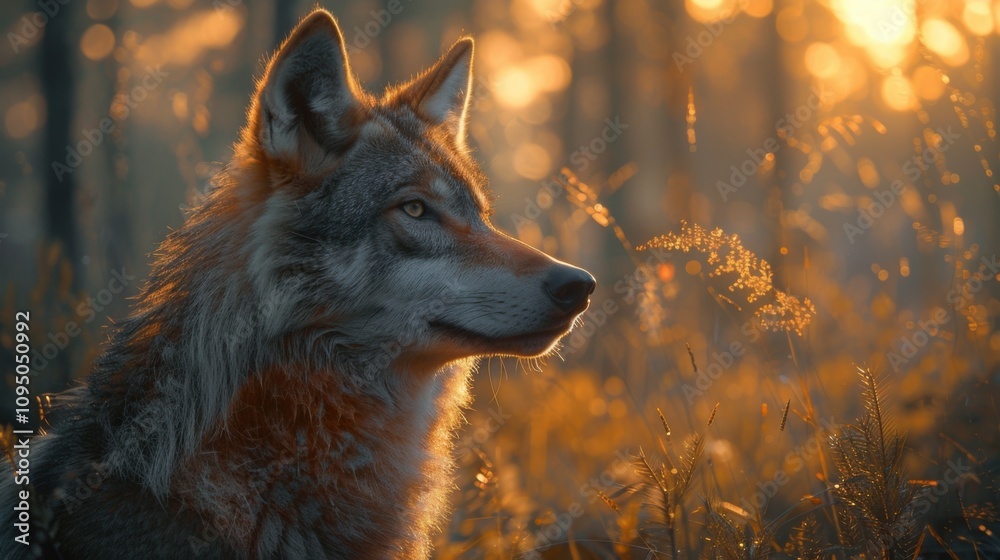 Wolf that is sitting in the grass looking at something Wolf that is sitting in the grass looking at something
