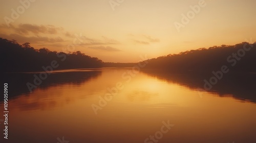 Beautiful sunset casts vibrant hues across the sky while a calm river reflects the colors. The serene landscape creates a peaceful atmosphere during twilight.