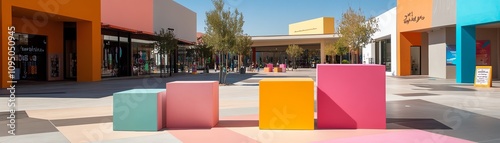 A whimsical dreidel display in the center of a brightly decorated plaza photo