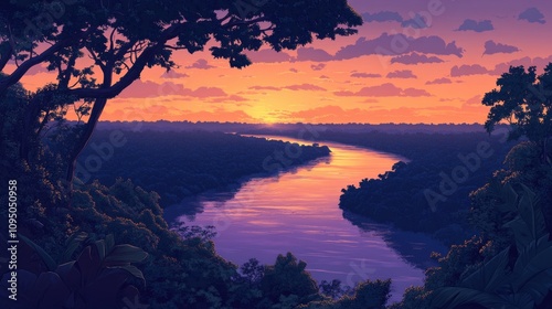 Beautiful sunset casts vibrant hues across the sky while a calm river reflects the colors. The serene landscape creates a peaceful atmosphere during twilight.
