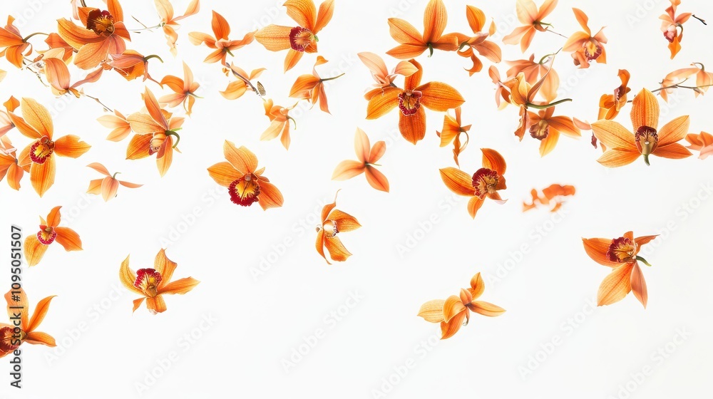 Naklejka premium Elegant Orange Orchids with Floating Petals on a White Background