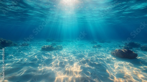 underwater ocean in clean and clear water with sunlight from the surface
