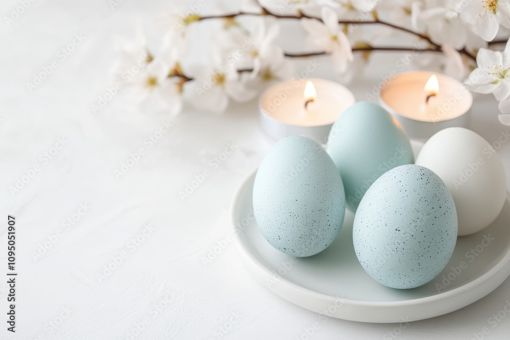 spring table decor, easter eggs displayed on a white plate with pastel candles and delicate flowers against a bright white backdrop spring table decor, easter eggs displayed on a white plate with pastel candles and delicate flowers against a bright white backdrop