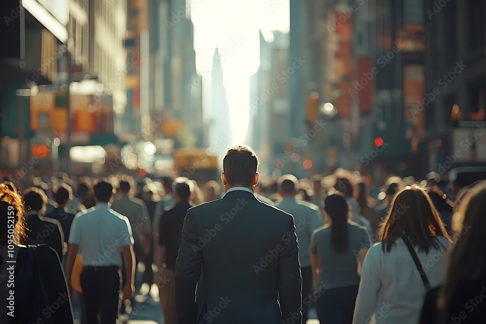 Businessman Walking in Urban City Crowd Gray Suit, Shadow, Forward Motion Businessman Walking in Urban City Crowd Gray Suit, Shadow, Forward Motion