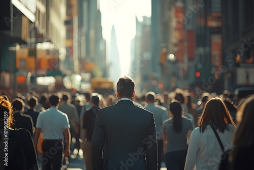 Businessman Walking in Urban City Crowd Gray Suit, Shadow, Forward Motion