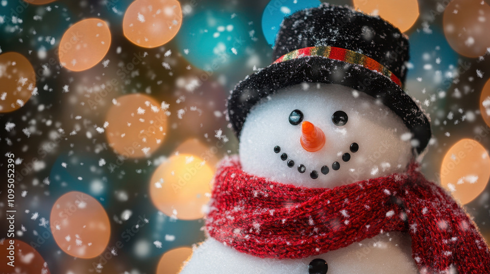 A close-up of a snowman wearing a red scarf and a black hat, with snow gently falling in the background. A close-up of a snowman wearing a red scarf and a black hat, with snow gently falling in the background.