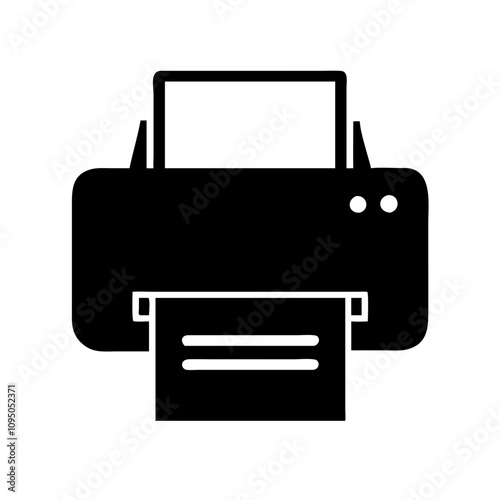 Minimalist black flat printer icon featuring a clean and modern design. The icon showcases a simplified silhouette of a printer, suitable for digital applications, websites, mobile a