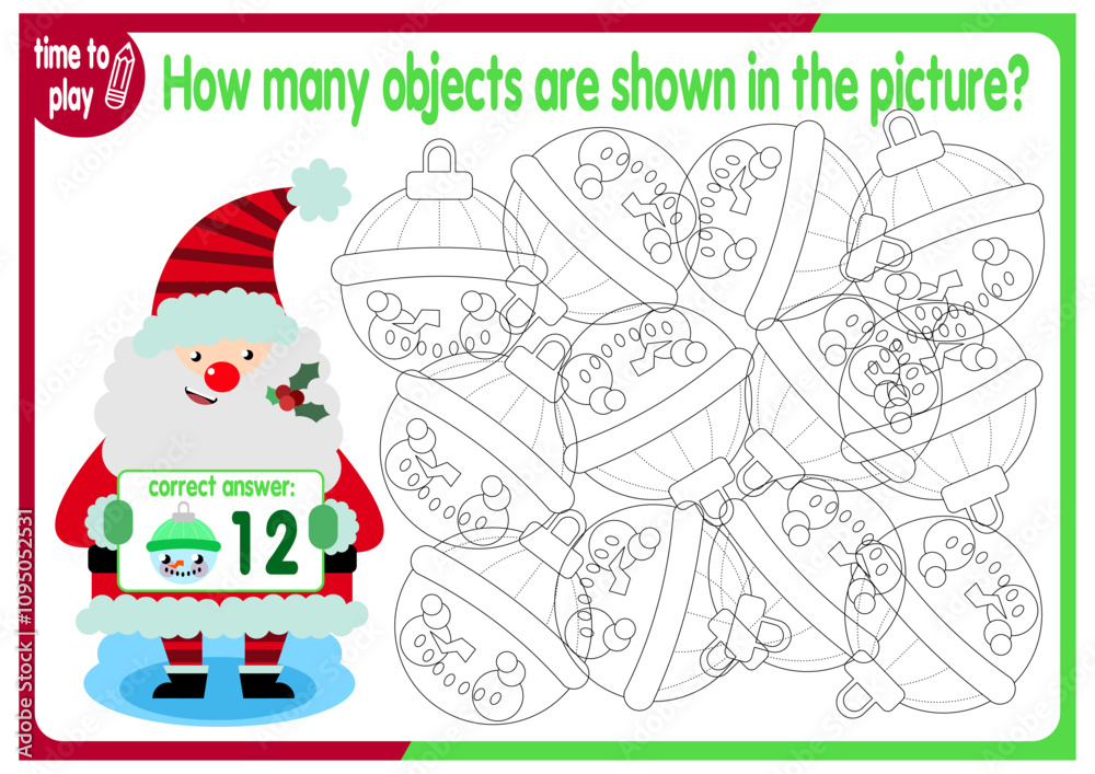 Fototapeta premium Count how many objects are hidden in the picture. Educational game for children. Colorful cartoon characters. Funny vector illustration. New Year. Christmas 
