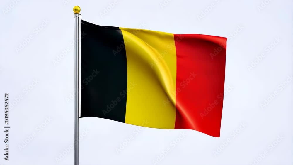 National flag of Belgium waving on a flagpole over white background