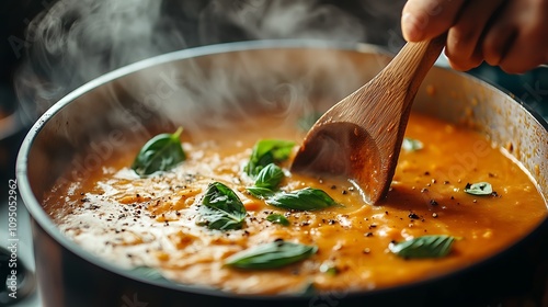 A hand delicately stirring a pot of creamy tomato soup with a wooden spoon, steam rising dramatically under warm lighting,