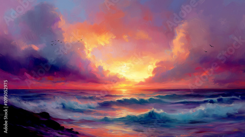 Vibrant sunset over turbulent ocean waves