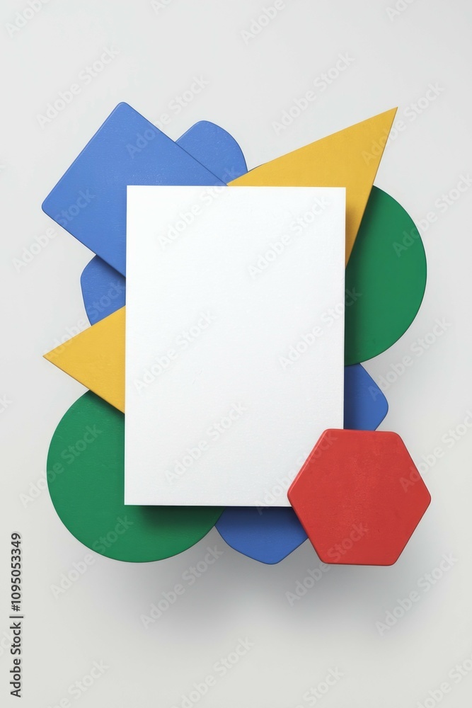 Colorful shapes blank card. Abstract design; vibrant geometric shapes frame a white card, perfect for messaging. Symbolizes creativity and design. Colorful shapes blank card. Abstract design; vibrant geometric shapes frame a white card, perfect for messaging. Symbolizes creativity and design.