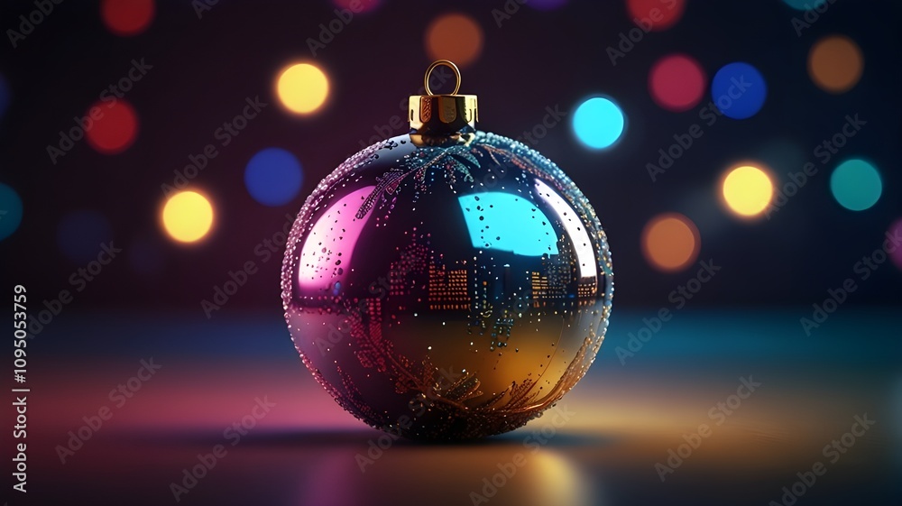 Fototapeta premium An elegant Christmas ball toy featuring a sleek metallic surface with digital displays and animated designs, surrounded by a blur of colorful lights and futuristic elements, perfect for a vibrant New 