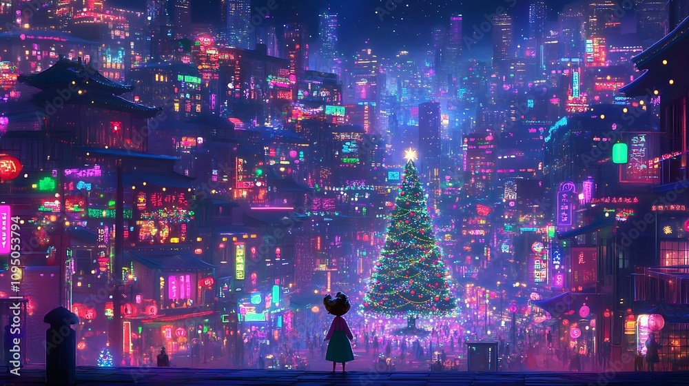 A Festive Night in a Futuristic Asian City with a Giant Christmas Tree A Festive Night in a Futuristic Asian City with a Giant Christmas Tree