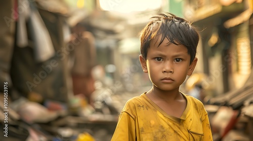 A young boy stands in a dilapidated urban setting, reflecting resilience amidst poverty.