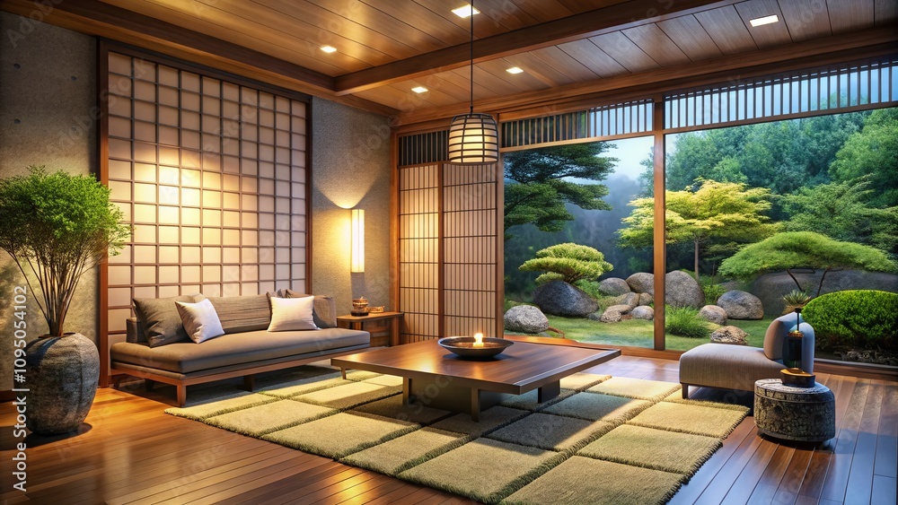 Fototapeta premium Modern Japanese Inspired Living Room with Minimalist Design, Natural Materials, Warm Lighting, and Zen Elements for a Tranquil Home Environment