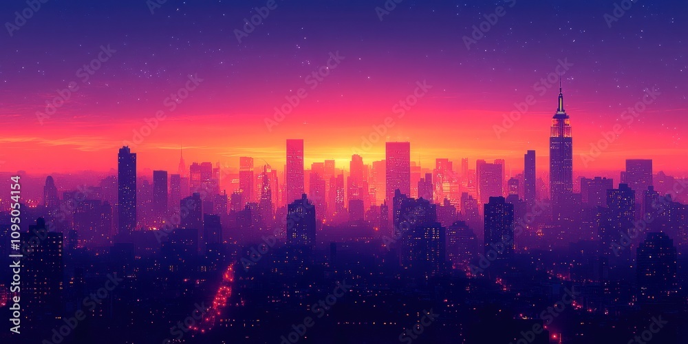Vibrant City Skyline at Sunset Under Starry Night Vibrant City Skyline at Sunset Under Starry Night