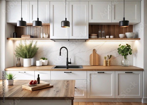 Modern Kitchen Interior Design Featuring Sleek White Cabinets, Stylish Black Faucet, and Elegant Wooden Cutting Board for a Contemporary Home Aesthetic