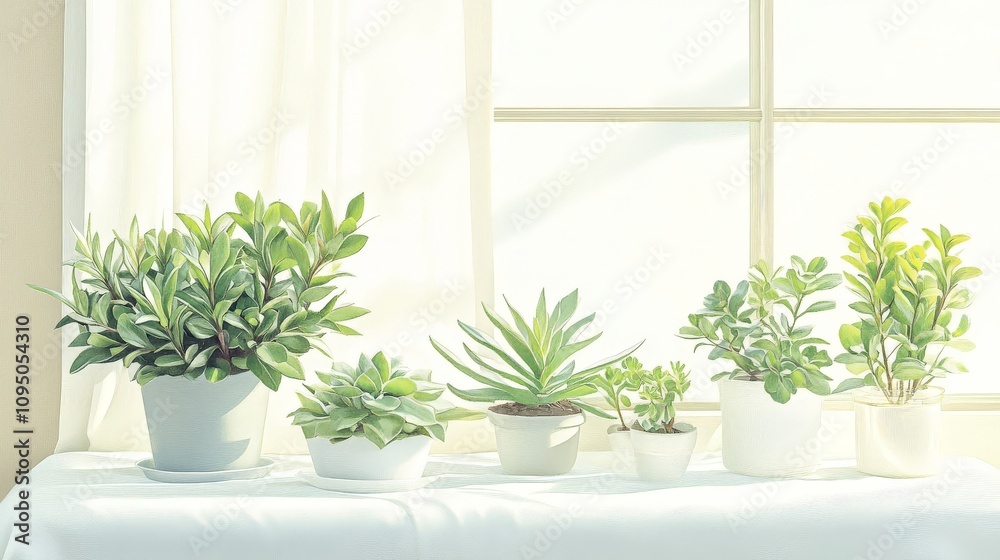 Bright indoor plants arranged in white pots on a table, with sunlight streaming through a window, creating a fresh and vibrant atmosphere. Bright indoor plants arranged in white pots on a table, with sunlight streaming through a window, creating a fresh and vibrant atmosphere.