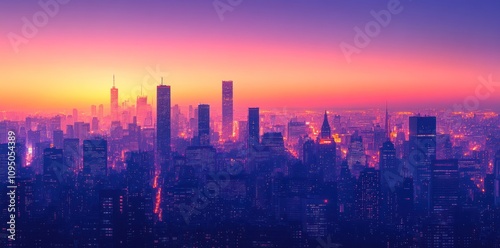 Cityscape at Sunset Vibrant Colors Illuminating Buildings