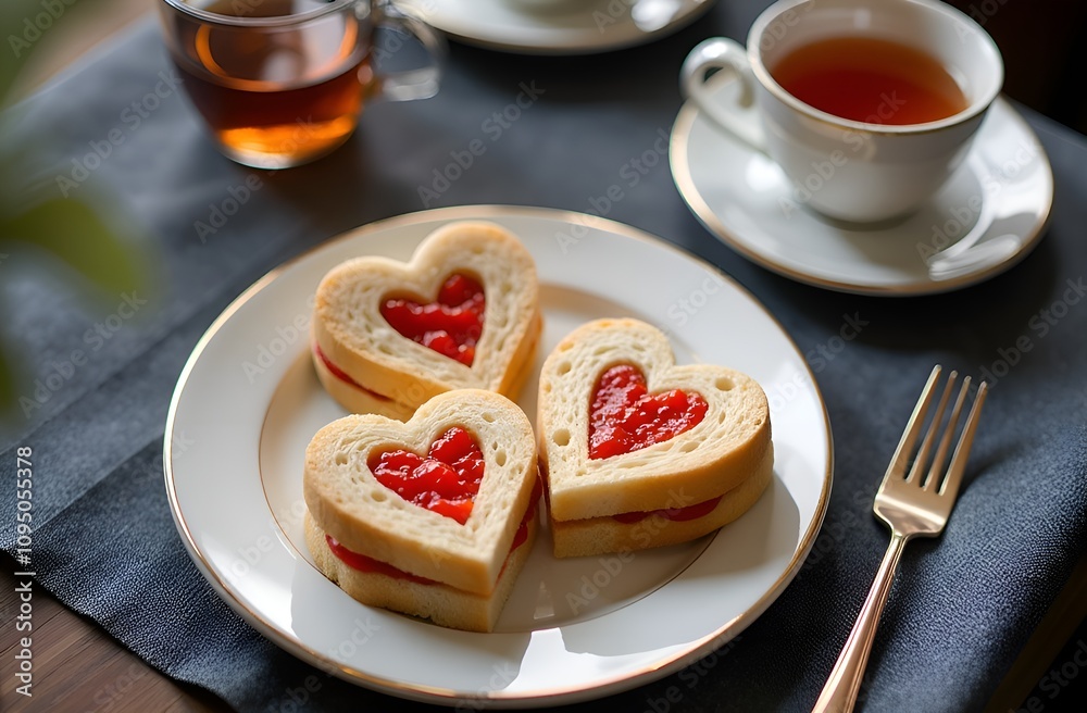 The photo shows three heart-shaped sandwiches with strawberry jam, served on a white plate. Perfect for a romantic breakfast or a holiday. The photo shows three heart-shaped sandwiches with strawberry jam, served on a white plate. Perfect for a romantic breakfast or a holiday.