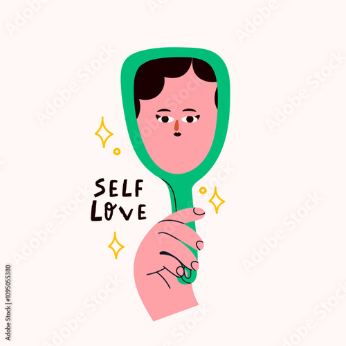 Human hand holding mirror. Person staring at mirror with face reflection. Hand drawn isolated Vector illustration. Cartoon flat style. Self love, acceptance, beauty, self care concept