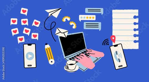 Human hands typing on laptop keyboard, phone with likes, chat, mail, schedule, coffee, pencil. Socila media, working online, freelancing, education concept. Hand drawn isolated Vector illustrations
